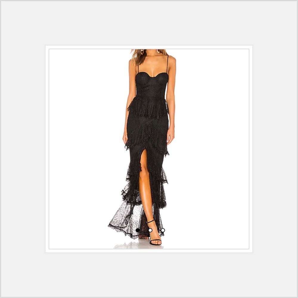 Majorelle tiered black lace gown